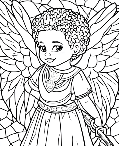An adult coloring book page of a strong angel.