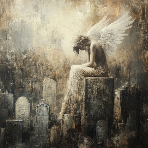 An angel sits on tombstone in cemetery