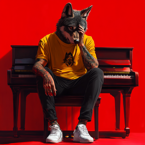 An anthropomorphic wolf wearing yellow shirt and black pants