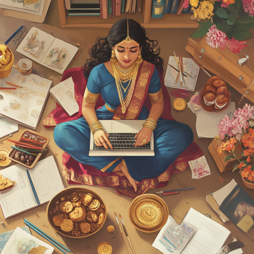 An artist painting Goddess Lakshmi on laptop