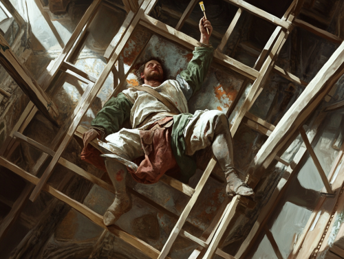 An artist painting chapel ceiling on high scaffold