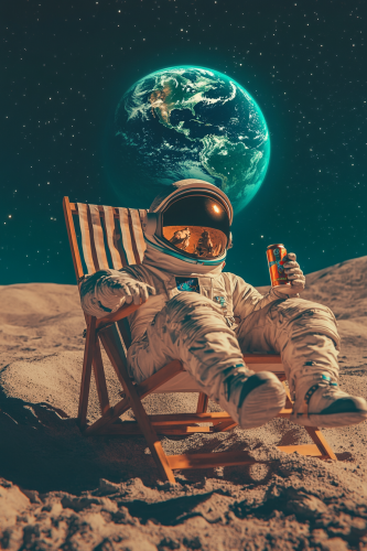 An astronaut relaxes on moon with beer