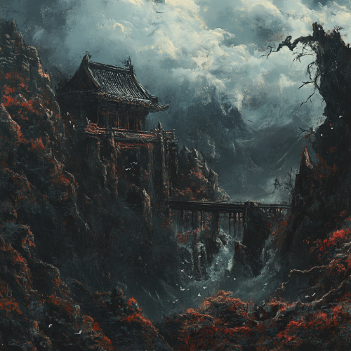 An eerie, detailed dark fantasy painting of Japan.
