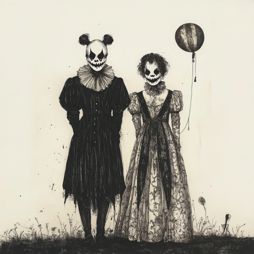 An eerie illustration of whimsical, enigmatic figures
