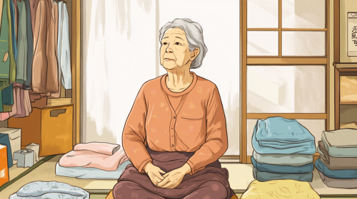 An elderly Japanese woman getting dressed at home