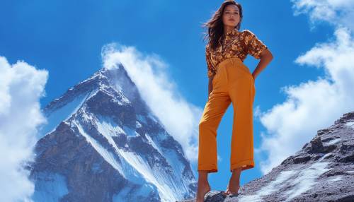 An elegant woman in summer clothes on Mount Everest
