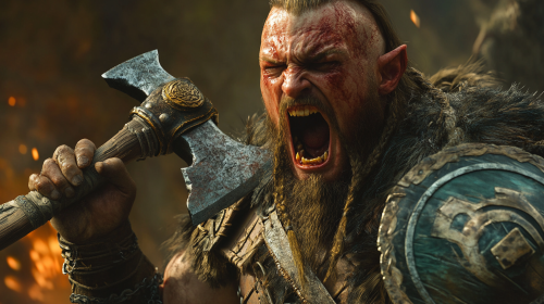 An enraged hobbit warrior brandishing a sharp axe!