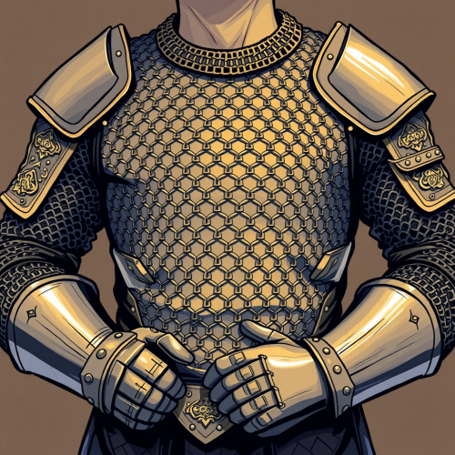 An illustration of chain mail armor shirt and gauntlets.
