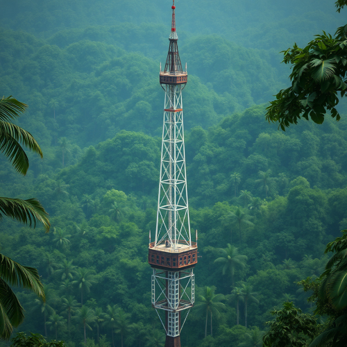 An internet tower in the rainy rainforest.