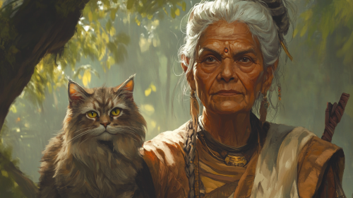An old Indian woman and her fluffy cat in the forest
