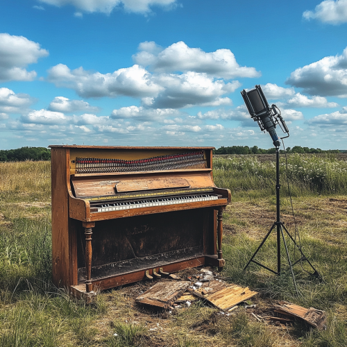 An old piano in grassy field, being lightly destroyed