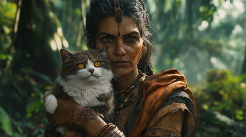 An old woman with cat in forest