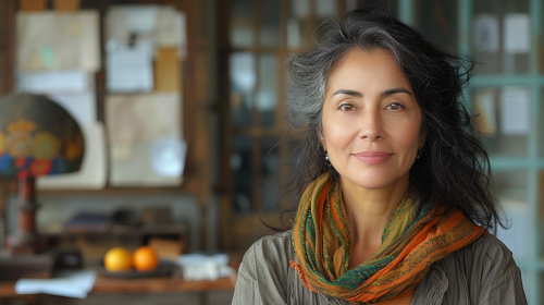 An older Guatemalan woman smiles at her desk