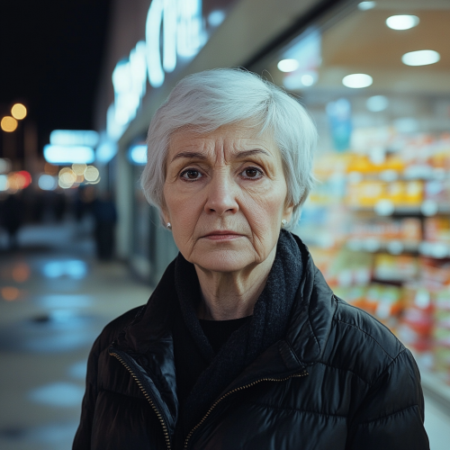 An older woman in her sixties outside supermarket