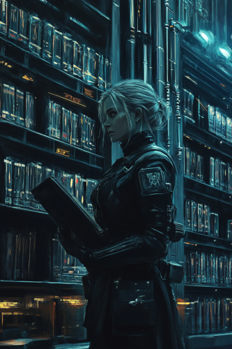 An overworked imperial librarian in dark uniform