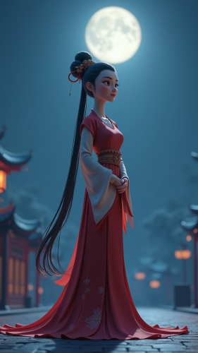 Ancient Chinese lady in moonlight, Disney Pixar style.