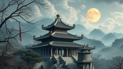 Ancient Chinese palace in a misty valley.