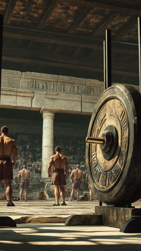 Ancient Greek gymnasium equipment and athletes exercising.