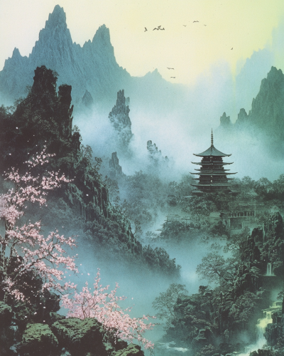 Ancient Japanese landscape with mystical Kirin in foreground