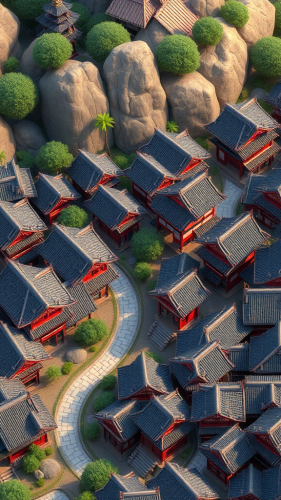 Ancient Japanese town in Pixar style, zoomed in. Ancient Japanese town in Pixar style, zoomed in.