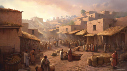 Ancient Jerusalem marketplace with fruits, spices, and buildings. Ancient Jerusalem marketplace with fruits, spices, and buildings.