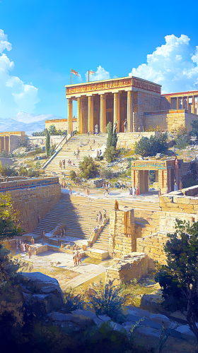 Ancient Minoan palace with majestic columns and frescoes.