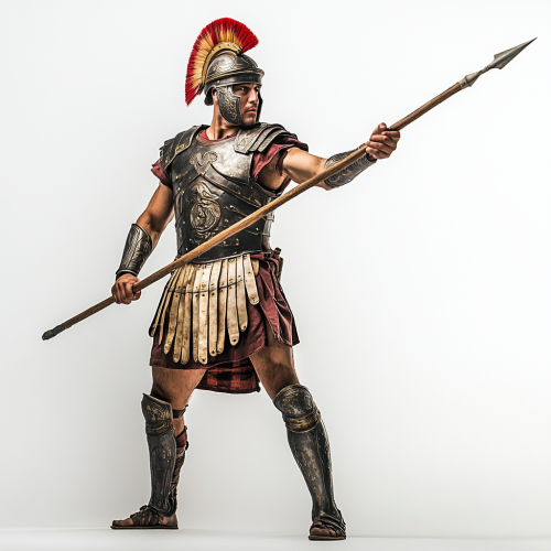 Ancient Roman legionary holding javelin, wearing armor and helmet.
