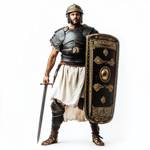 Ancient Roman soldier in black armor with white tunic.
