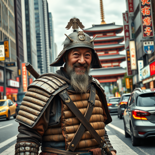 Ancient Samurai Navigates Modern Japanese Streets