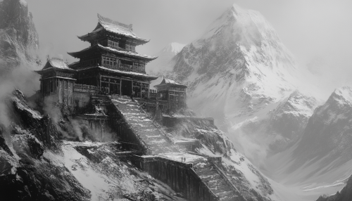 Ancient Stone Temple at Base of Mountain