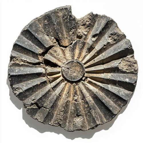 Ancient broken stone disc with rays, pointed details