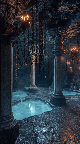 Ancient cave with glowing pools, stone pillars, bells