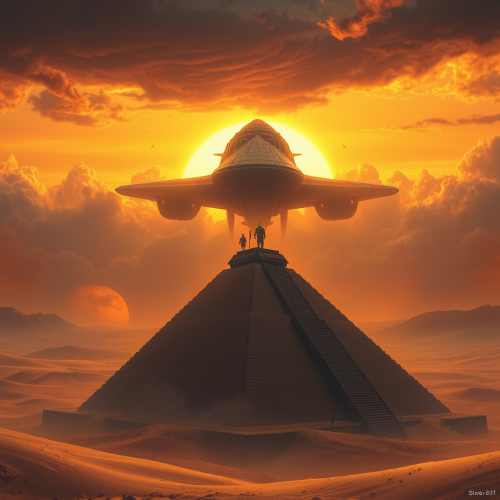 Ancient desert ziggurat with spaceship in sunset