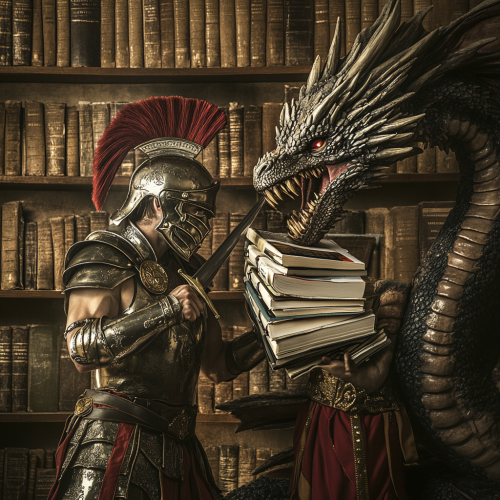 Ancient gladiator medical student fights dragon made of textbooks.