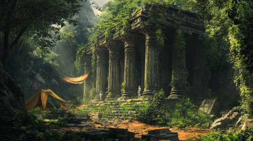 Ancient temple consumed by vibrant forest, futuristic items visible.