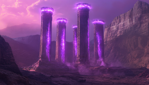 Ancient temple in dark landscape with glowing pillars