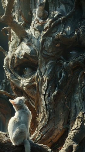 Ancient trees with carved faces and wise eyes