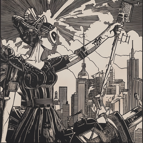 Androgynous goddess Hestia fights urban dust with technology.