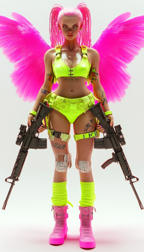 Angel holding two AK-47s in vibrant 3D cartoon.