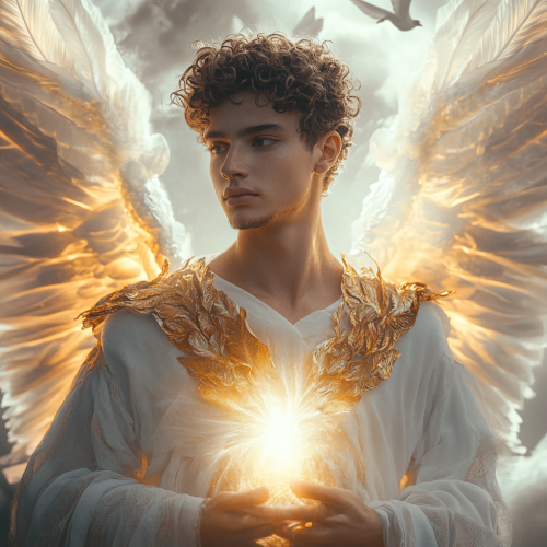 Angel with white wings, youthful face, celestial background