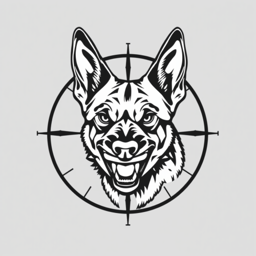 Angry Belgian Malinois Head in Scope Crosshairs Logo