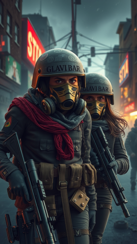 Angry soldiers with masks in city warzone.