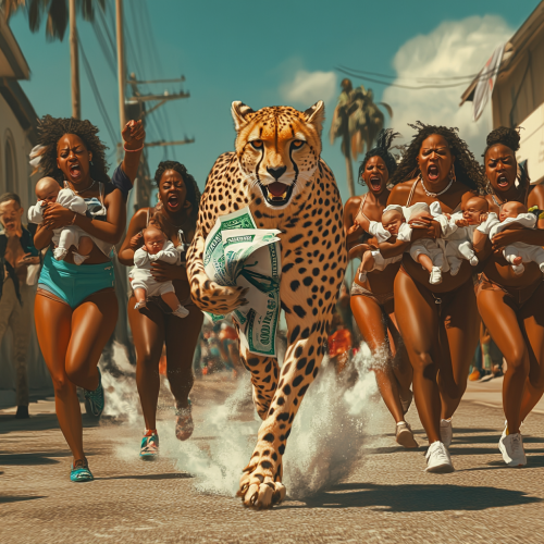 Angry women chase cheetah in urban hood scene