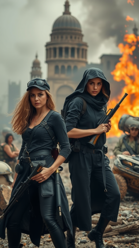 Angry women soldiers in war-torn city.