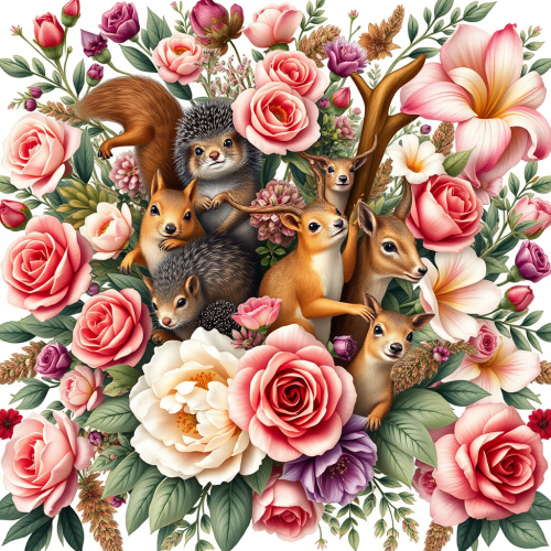 Animals Emerging from Overflowing Floral Bouquets
