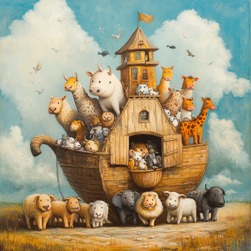Animals boarding Noah's ark on land