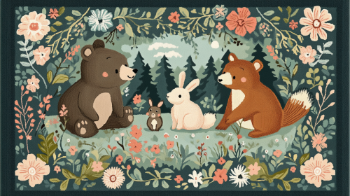 Animals in Forest Carpet: Whimsical Folk Art Scene