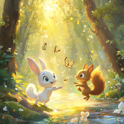 Animals play near shimmering river in lively forest Animals play near shimmering river in lively forest