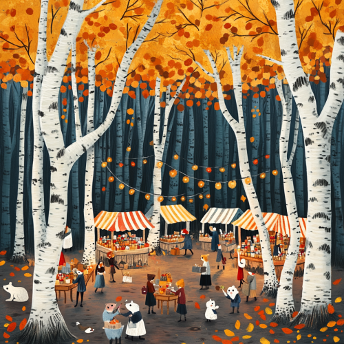 Animals shop at cozy forest farmers market