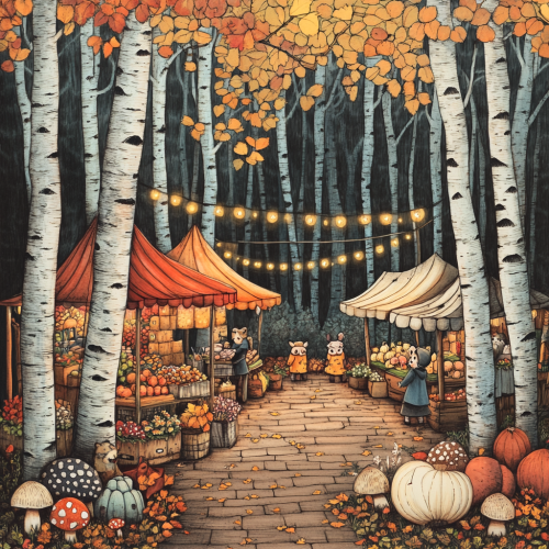 Animals shopping at cozy forest farmers market